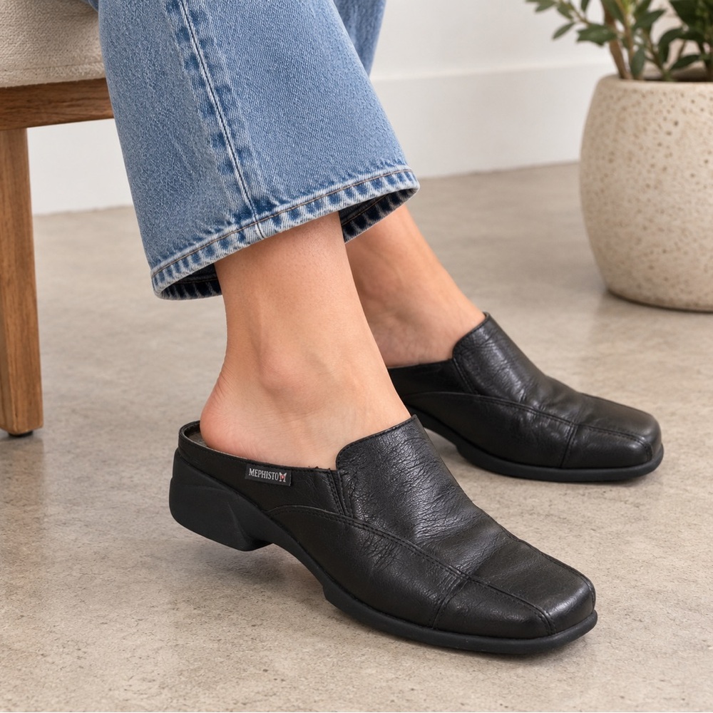 Mephisto Womens 9 EU 39 Black Leather Square Toe Mule Clogs Air Relax Portugal